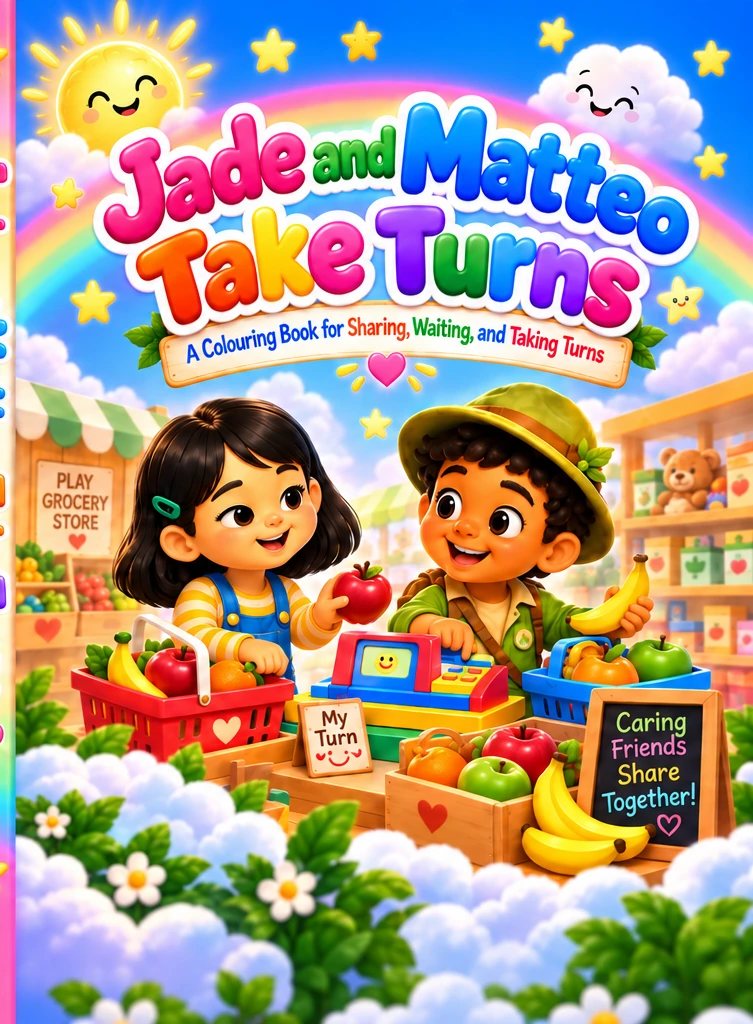 Front cover of Jade and Matteo Take Turns: A Colouring Book for Sharing, Waiting, and Taking Turns, showing Jade and Matteo playing in a colourful grocery store.