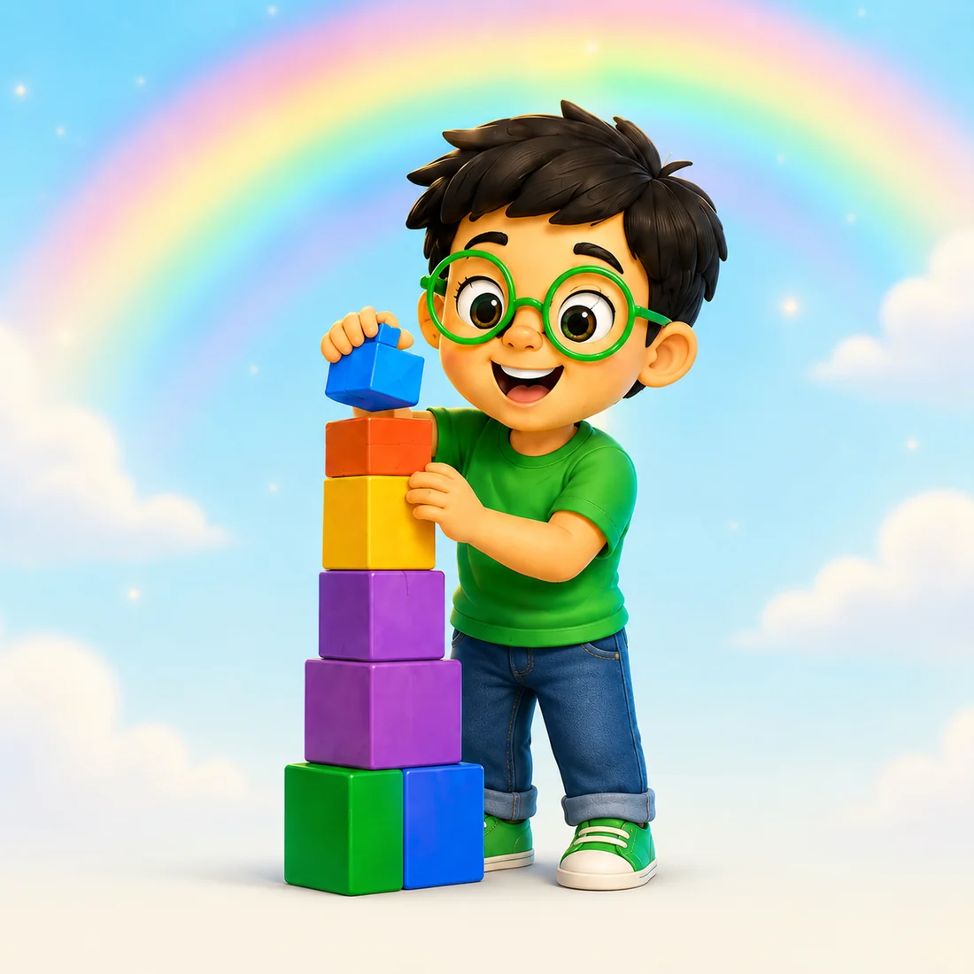 Leo smiling in round green glasses while stacking colourful blocks.