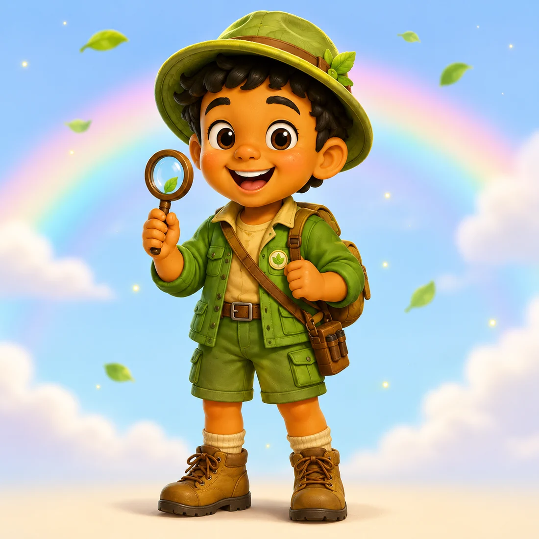 Matteo smiling in green explorer clothes and holding a magnifying glass.