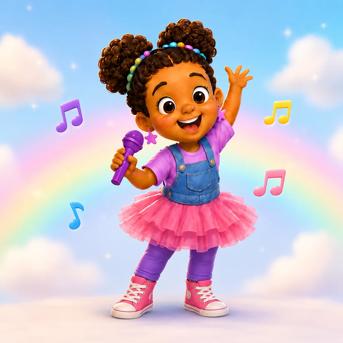 Maya happily singing with a purple microphone, wearing pink and blue.