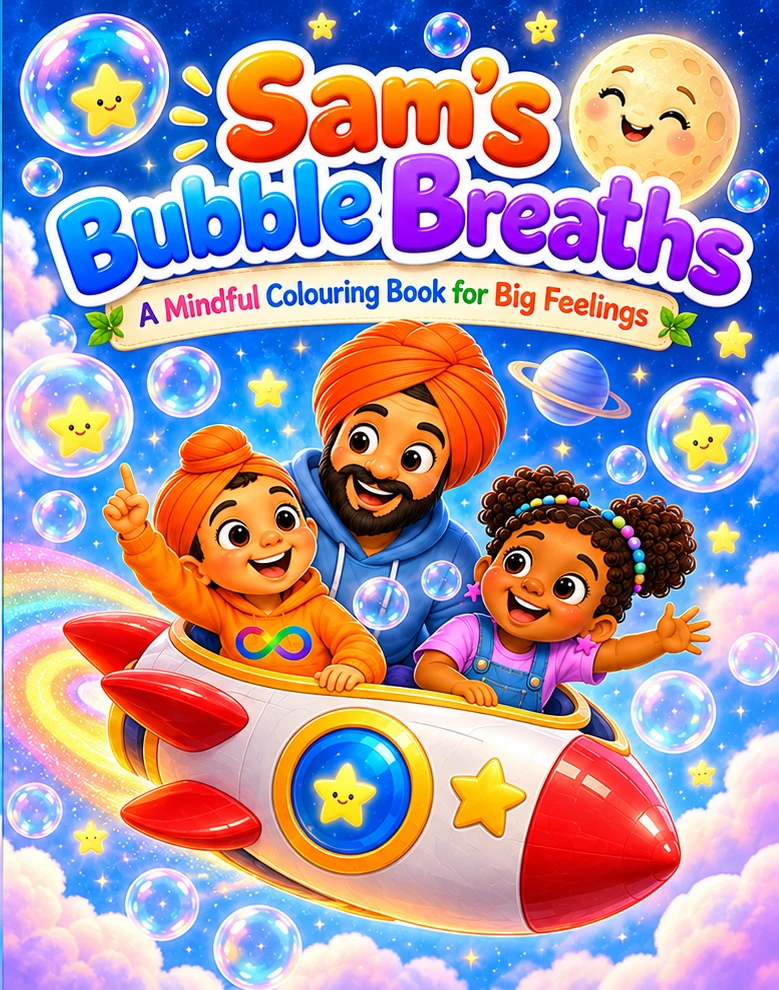 Front cover of Sam's Bubble Breaths: A Mindful Colouring Book for Big Feelings, showing Sam, a grown-up and Maya riding a rocket among colourful bubbles.
