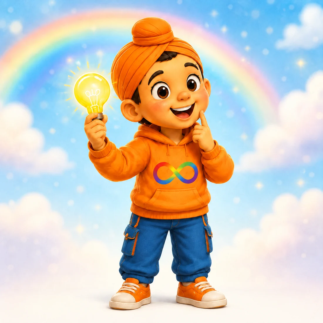 Sam smiling in an orange turban and hoodie holding a glowing idea light.