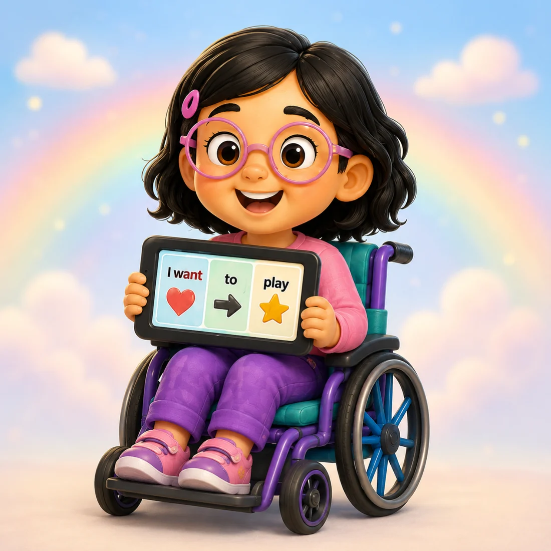 Zara wearing pink glasses, seated in her wheelchair, holding a communication tablet.